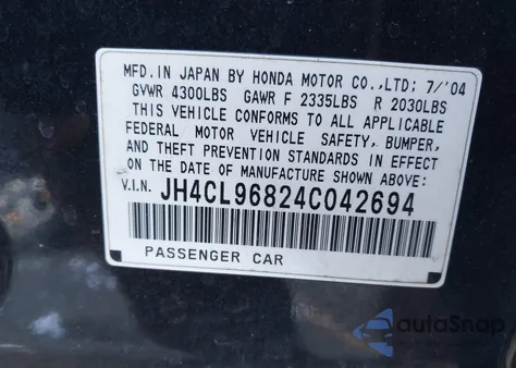 2004 Acura Tsx z USA, uszkodzony, nr VIN JH4CL96824C042694